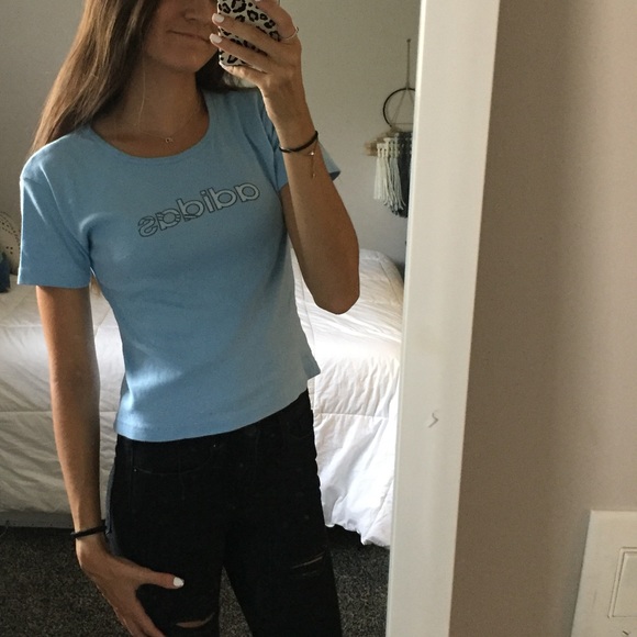 Vintage Pale Blue Adidas logo Graphic tee Crop top - Picture 3 of 8